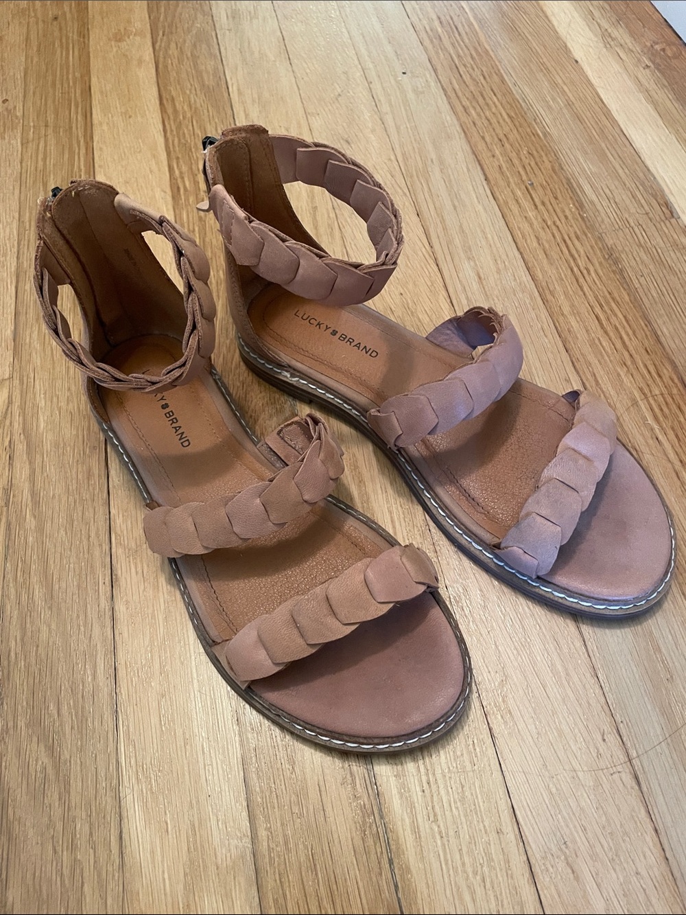 Lucky Brand Leather Braided Triple-Strap Ankle Sandals - Tan